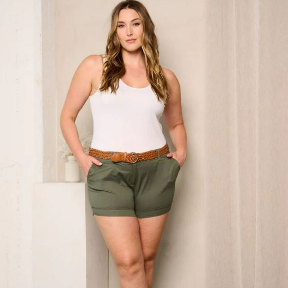 Womens Plus Size Button Closure Pocket Belted Short - Olive